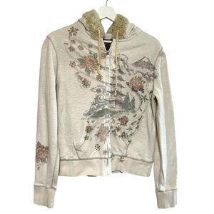 Lucky brand L fur trim hoodie Asian graphic print zip up sweatshirt indie Y2K